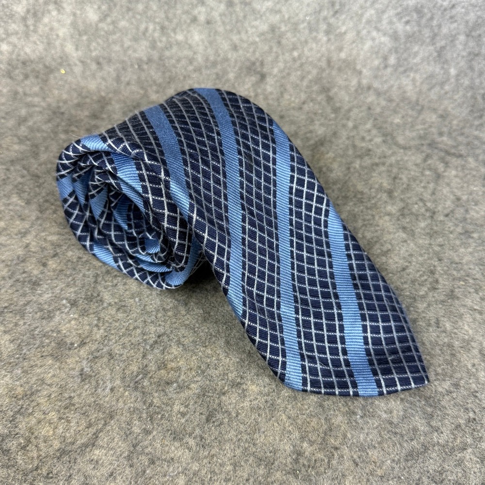 Mens Blue Striped Grid 100% Silk Necktie Handmade Navy Geometric Tie RN 104329